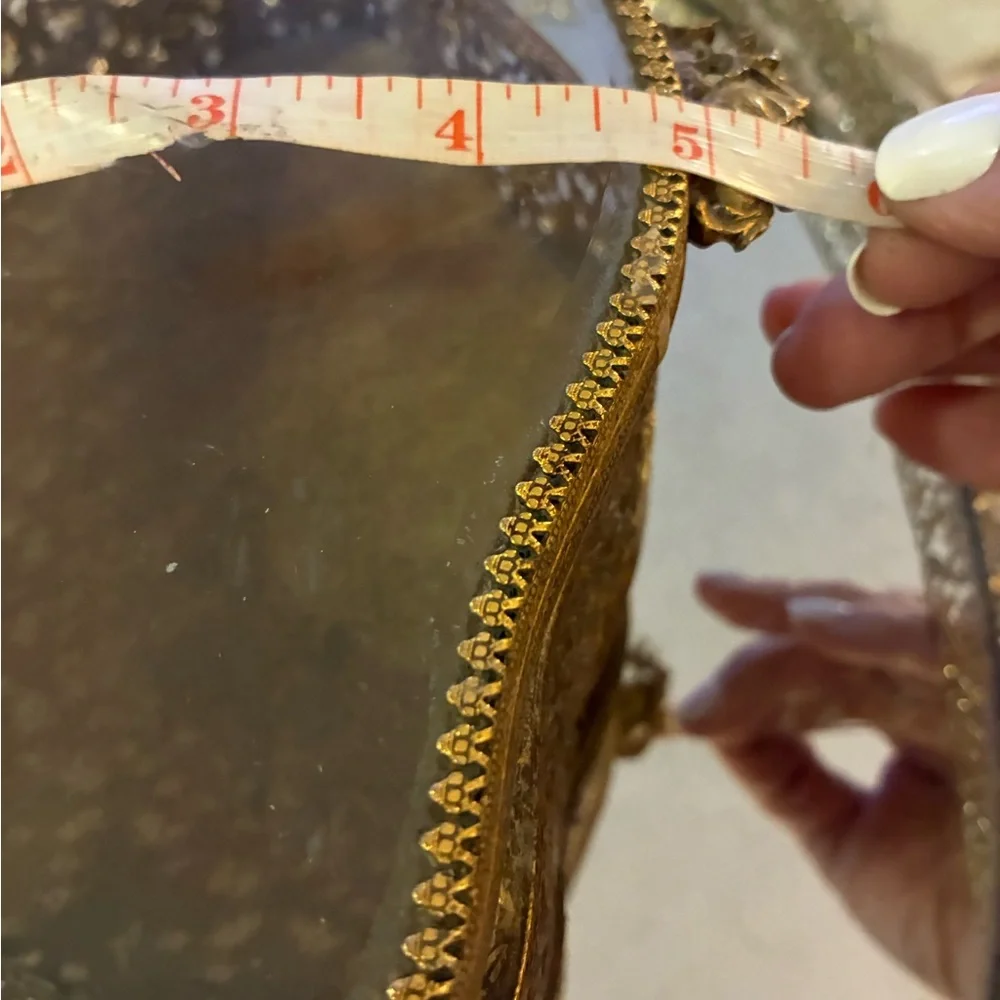 Vtg Gold Metal & Glass Footed Jewelry Box Hinged vanity W Smaller Box & Mirror